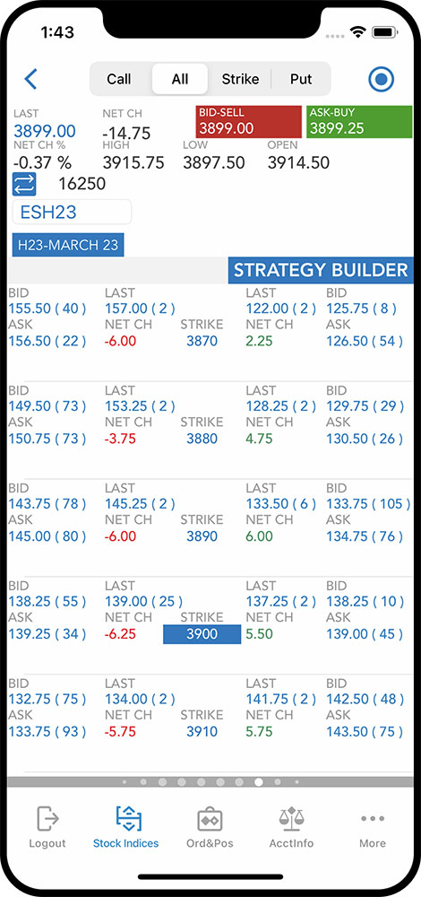 QST Mobile Trading Software For iOS And Android Displays Futures Contract As Well As All Strikes Vertically With Both Calls And Puts Arranged Horizontally. Multi-Contract Support And Multiple Chains