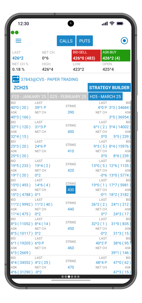 QST Mobile Trading Software For iOS And Android Displays Futures Contract As Well As All Strikes Vertically With Both Calls And Puts Arranged Horizontally. Multi-Contract Support And Multiple Chains