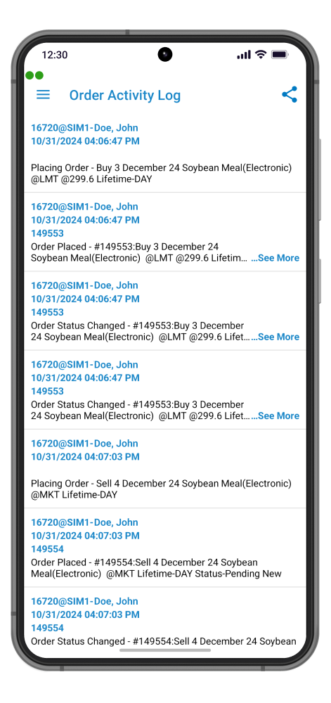 QST Mobile Trading Application For iOS and Android Which Displays all the information about the orders entered during a session, including detailed data about orders such as account, status, side, quantity, instrument name, price, lifetime.