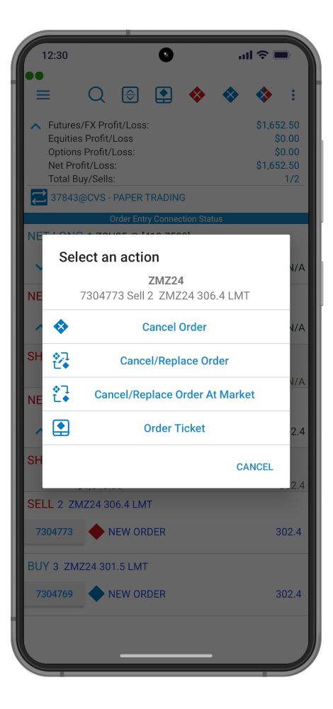 QST Mobile Trading App For iOS and Android Offering Order Entry Actions Like Place Orders, Cancel, Cancel/Replace